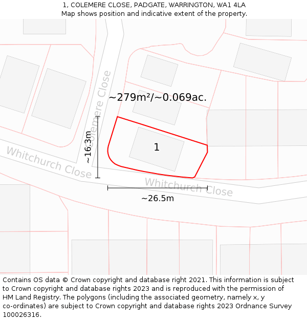 1, COLEMERE CLOSE, PADGATE, WARRINGTON, WA1 4LA: Plot and title map