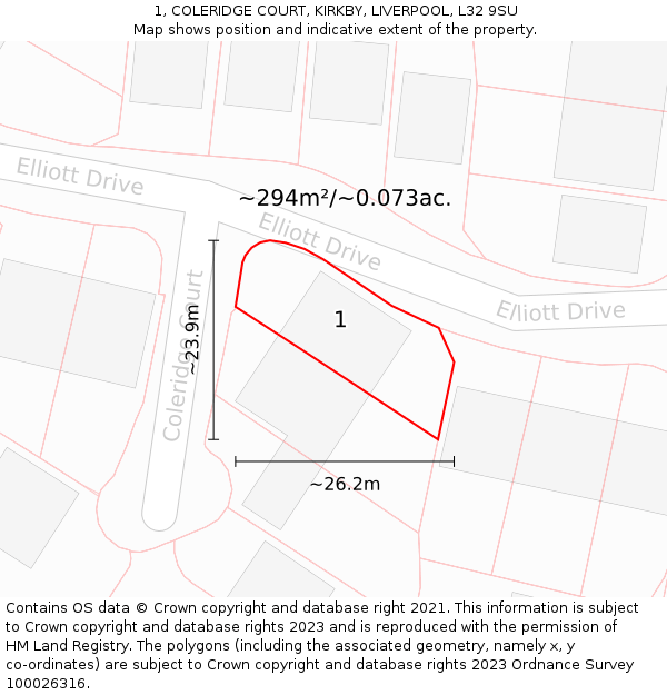 1, COLERIDGE COURT, KIRKBY, LIVERPOOL, L32 9SU: Plot and title map