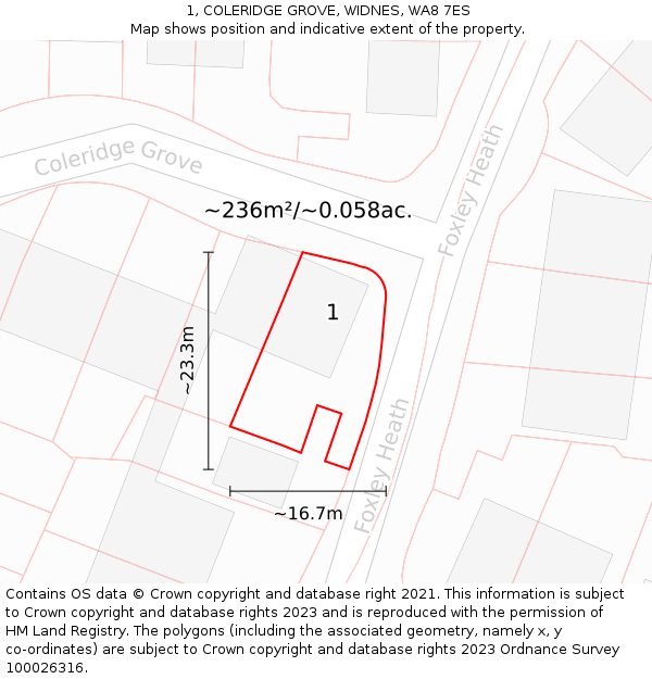 1, COLERIDGE GROVE, WIDNES, WA8 7ES: Plot and title map