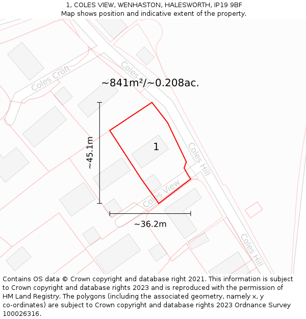1, COLES VIEW, WENHASTON, HALESWORTH, IP19 9BF: Plot and title map