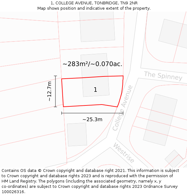 1, COLLEGE AVENUE, TONBRIDGE, TN9 2NR: Plot and title map