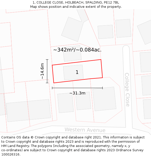 1, COLLEGE CLOSE, HOLBEACH, SPALDING, PE12 7BL: Plot and title map