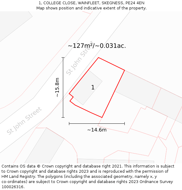 1, COLLEGE CLOSE, WAINFLEET, SKEGNESS, PE24 4EN: Plot and title map