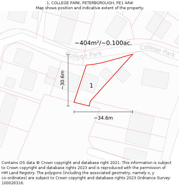 1, COLLEGE PARK, PETERBOROUGH, PE1 4AW: Plot and title map