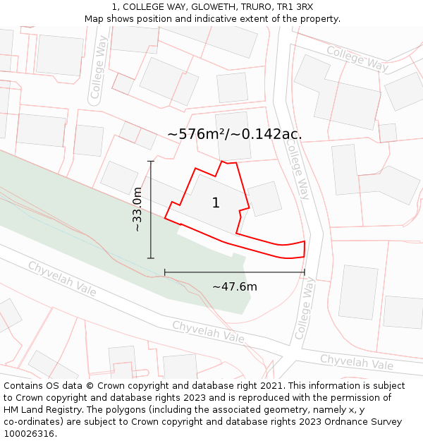 1, COLLEGE WAY, GLOWETH, TRURO, TR1 3RX: Plot and title map