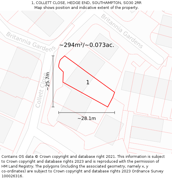 1, COLLETT CLOSE, HEDGE END, SOUTHAMPTON, SO30 2RR: Plot and title map