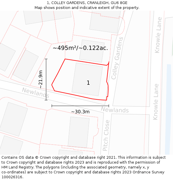 1, COLLEY GARDENS, CRANLEIGH, GU6 8GE: Plot and title map