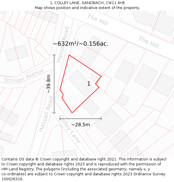 1, COLLEY LANE, SANDBACH, CW11 4HE: Plot and title map