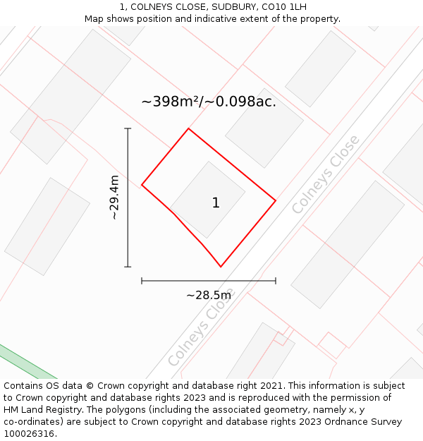 1, COLNEYS CLOSE, SUDBURY, CO10 1LH: Plot and title map
