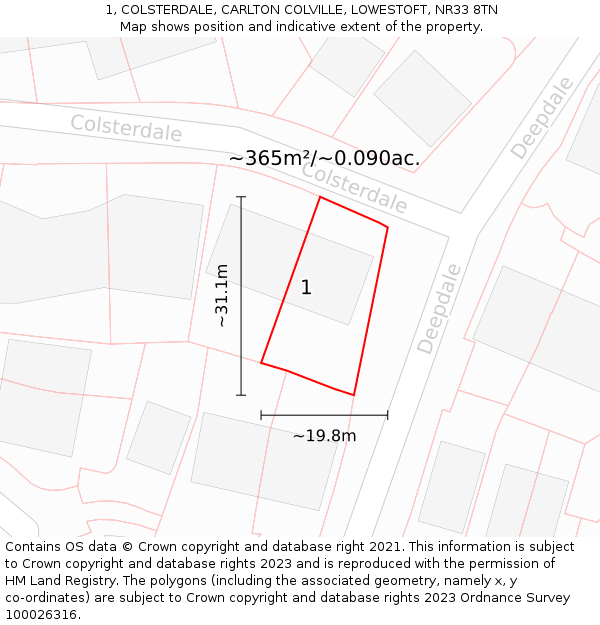 1, COLSTERDALE, CARLTON COLVILLE, LOWESTOFT, NR33 8TN: Plot and title map