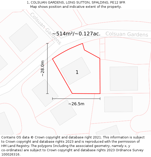 1, COLSUAN GARDENS, LONG SUTTON, SPALDING, PE12 9FR: Plot and title map