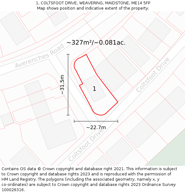 1, COLTSFOOT DRIVE, WEAVERING, MAIDSTONE, ME14 5FP: Plot and title map