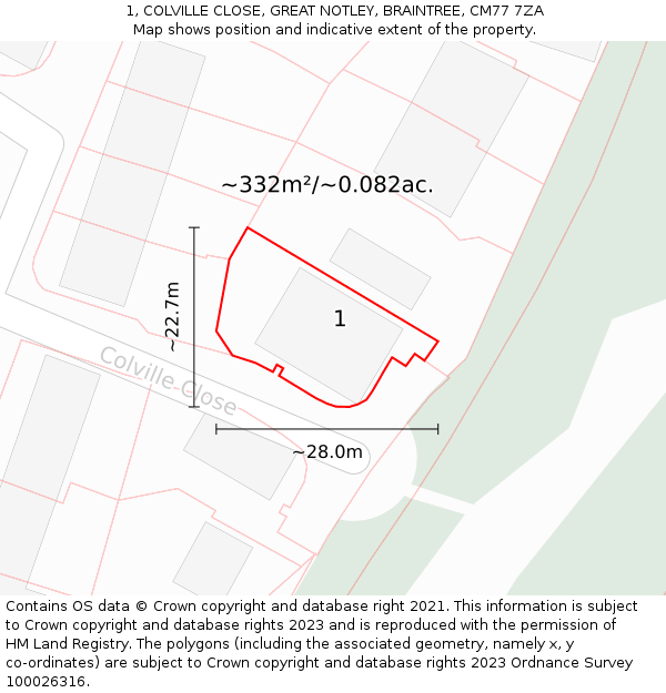 1, COLVILLE CLOSE, GREAT NOTLEY, BRAINTREE, CM77 7ZA: Plot and title map