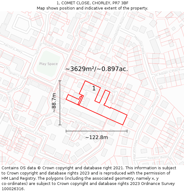1, COMET CLOSE, CHORLEY, PR7 3BF: Plot and title map