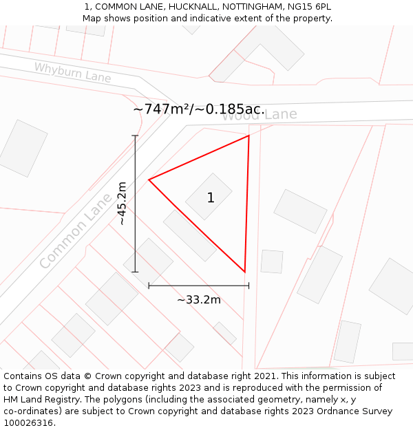 1, COMMON LANE, HUCKNALL, NOTTINGHAM, NG15 6PL: Plot and title map