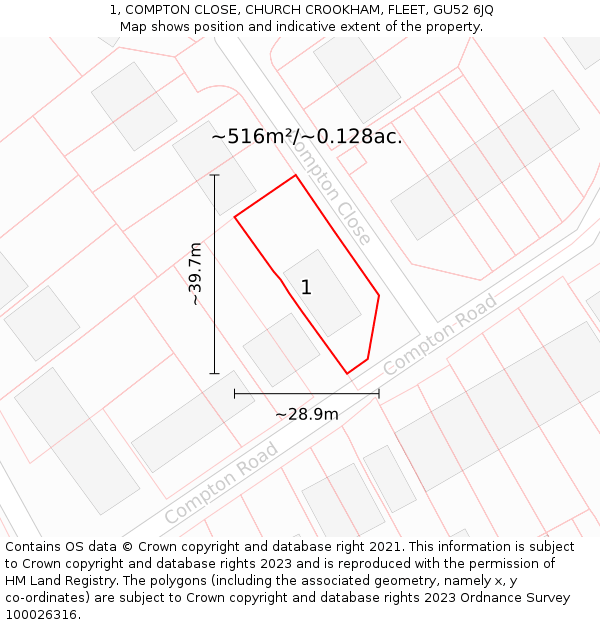 1, COMPTON CLOSE, CHURCH CROOKHAM, FLEET, GU52 6JQ: Plot and title map
