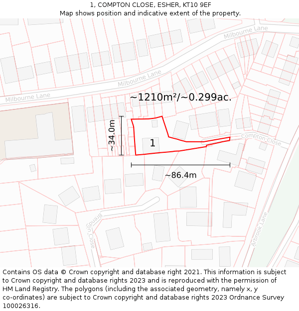 1, COMPTON CLOSE, ESHER, KT10 9EF: Plot and title map