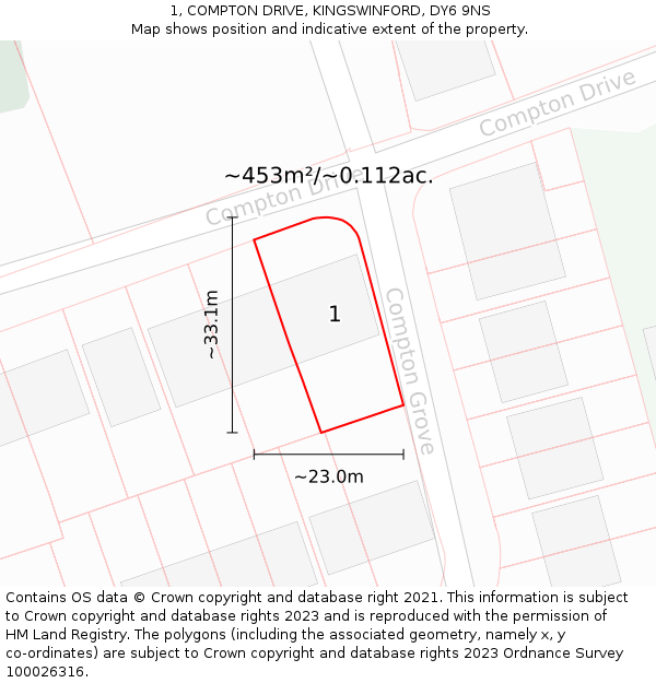 1, COMPTON DRIVE, KINGSWINFORD, DY6 9NS: Plot and title map
