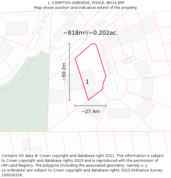1, COMPTON GARDENS, POOLE, BH14 8PP: Plot and title map