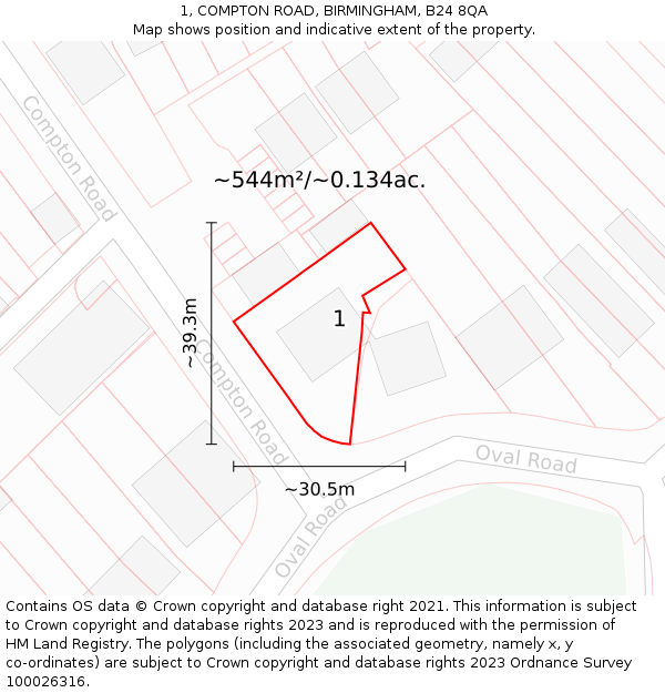 1, COMPTON ROAD, BIRMINGHAM, B24 8QA: Plot and title map