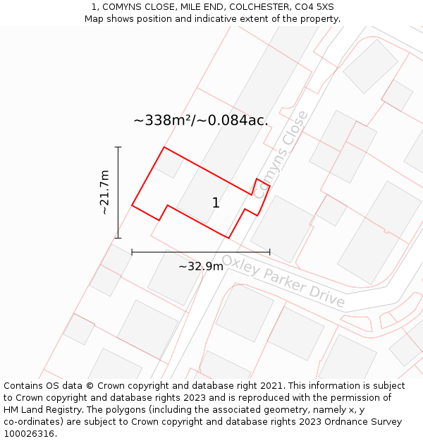 1, COMYNS CLOSE, MILE END, COLCHESTER, CO4 5XS: Plot and title map