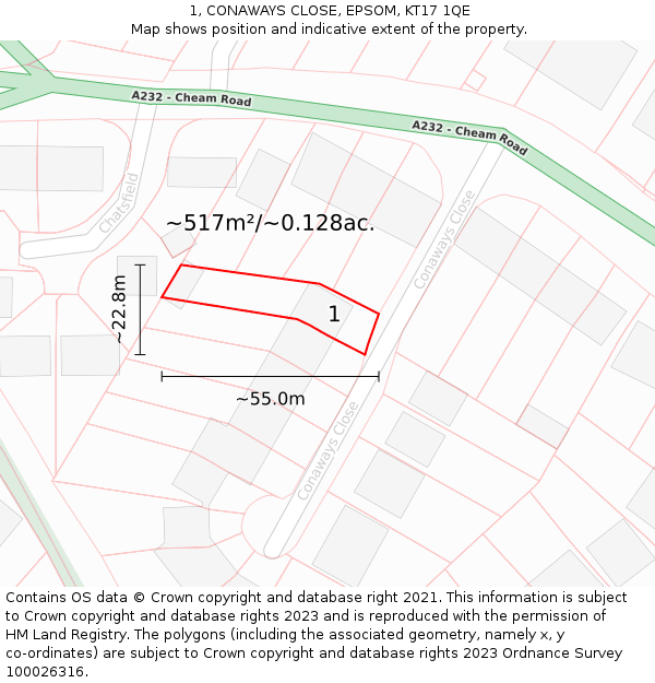 1, CONAWAYS CLOSE, EPSOM, KT17 1QE: Plot and title map