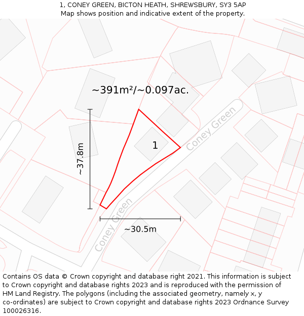 1, CONEY GREEN, BICTON HEATH, SHREWSBURY, SY3 5AP: Plot and title map