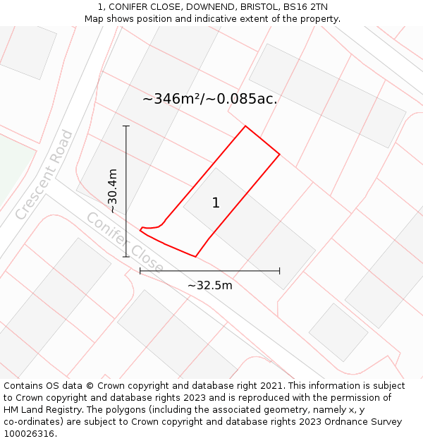 1, CONIFER CLOSE, DOWNEND, BRISTOL, BS16 2TN: Plot and title map