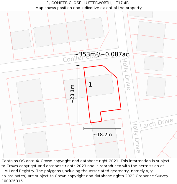 1, CONIFER CLOSE, LUTTERWORTH, LE17 4RH: Plot and title map