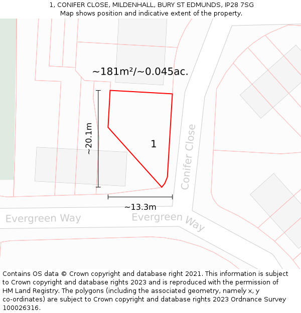 1, CONIFER CLOSE, MILDENHALL, BURY ST EDMUNDS, IP28 7SG: Plot and title map