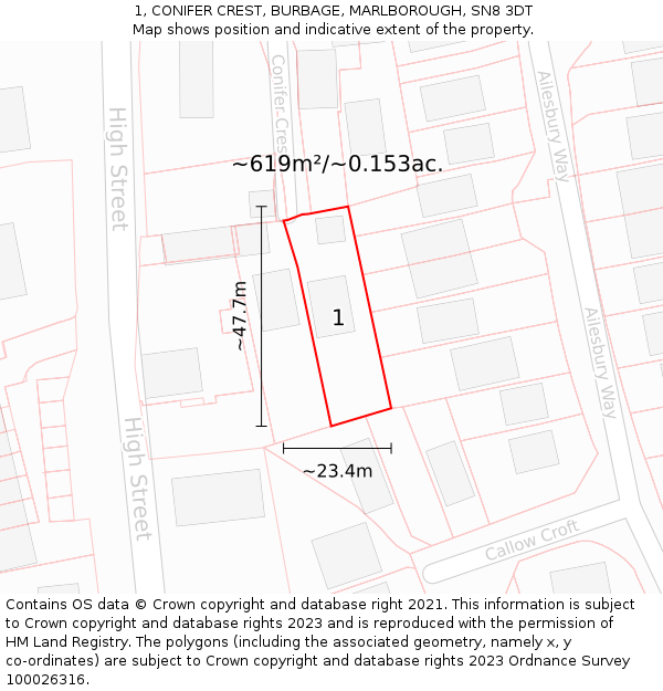 1, CONIFER CREST, BURBAGE, MARLBOROUGH, SN8 3DT: Plot and title map