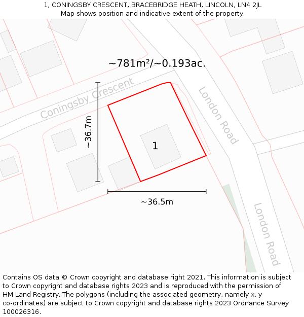 1, CONINGSBY CRESCENT, BRACEBRIDGE HEATH, LINCOLN, LN4 2JL: Plot and title map