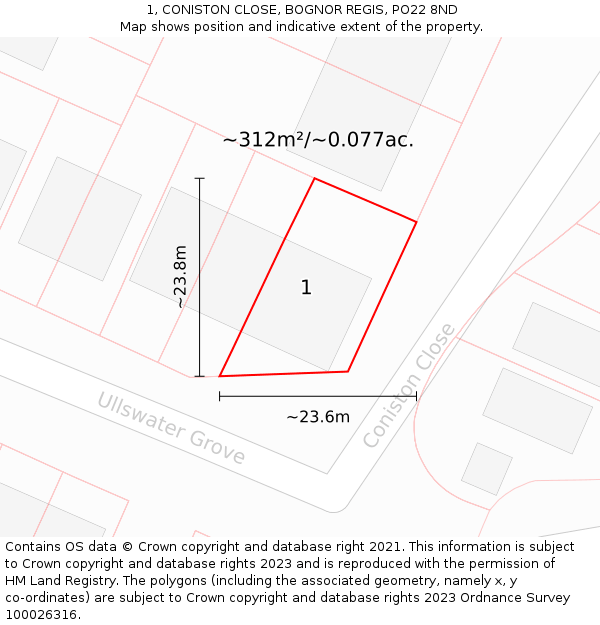 1, CONISTON CLOSE, BOGNOR REGIS, PO22 8ND: Plot and title map