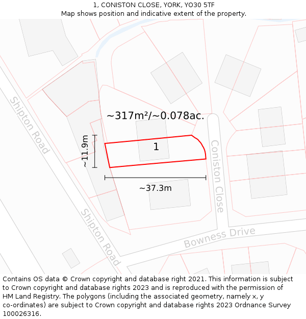 1, CONISTON CLOSE, YORK, YO30 5TF: Plot and title map