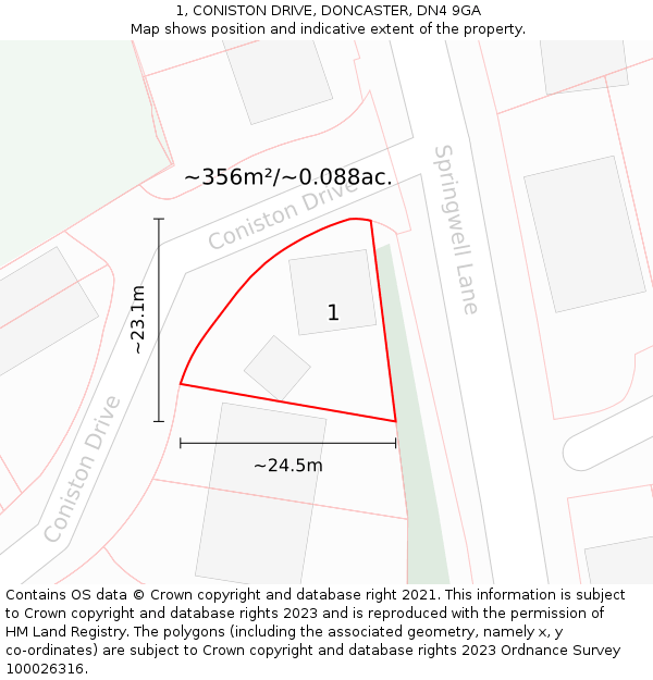 1, CONISTON DRIVE, DONCASTER, DN4 9GA: Plot and title map