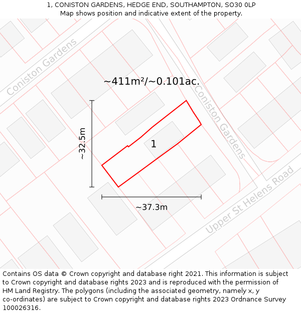 1, CONISTON GARDENS, HEDGE END, SOUTHAMPTON, SO30 0LP: Plot and title map