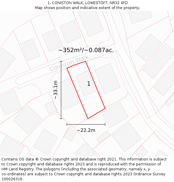 1, CONISTON WALK, LOWESTOFT, NR32 4FD: Plot and title map