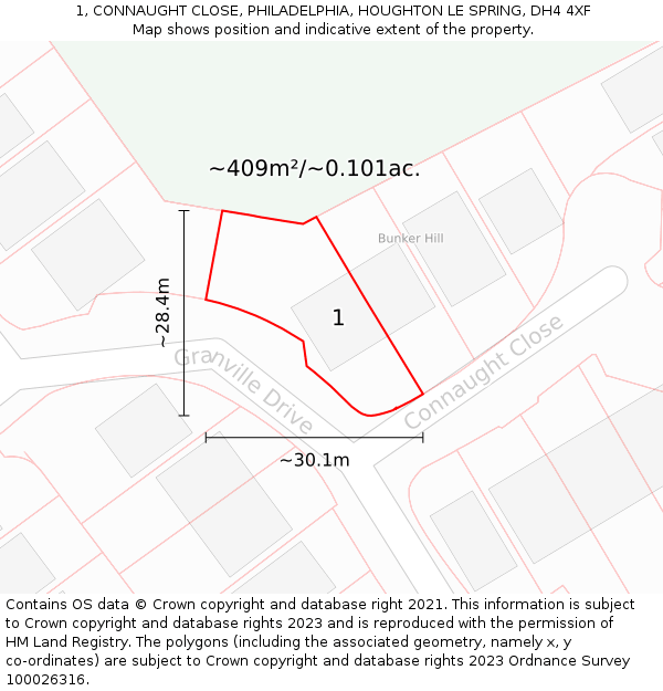 1, CONNAUGHT CLOSE, PHILADELPHIA, HOUGHTON LE SPRING, DH4 4XF: Plot and title map