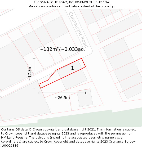 1, CONNAUGHT ROAD, BOURNEMOUTH, BH7 6NA: Plot and title map