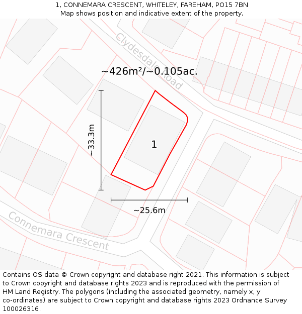 1, CONNEMARA CRESCENT, WHITELEY, FAREHAM, PO15 7BN: Plot and title map