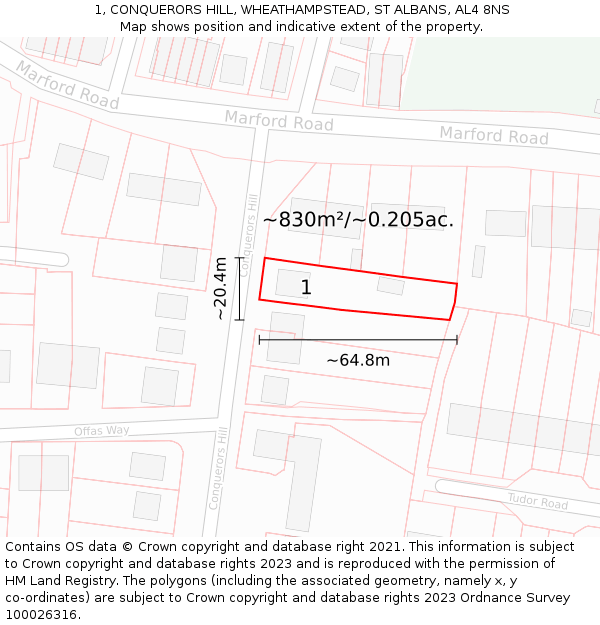 1, CONQUERORS HILL, WHEATHAMPSTEAD, ST ALBANS, AL4 8NS: Plot and title map