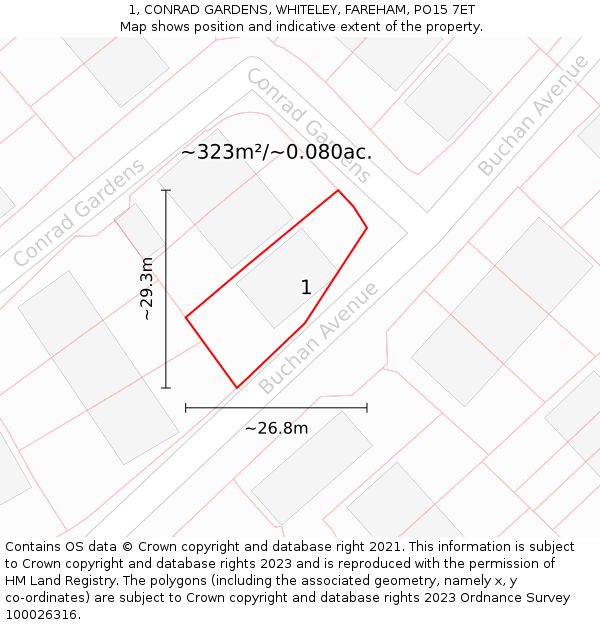 1, CONRAD GARDENS, WHITELEY, FAREHAM, PO15 7ET: Plot and title map
