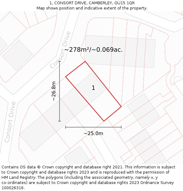 1, CONSORT DRIVE, CAMBERLEY, GU15 1QR: Plot and title map