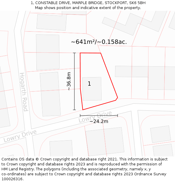 1, CONSTABLE DRIVE, MARPLE BRIDGE, STOCKPORT, SK6 5BH: Plot and title map