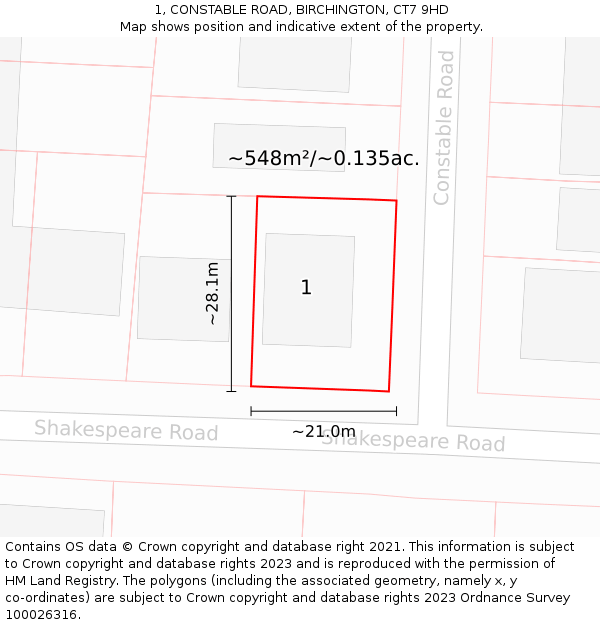 1, CONSTABLE ROAD, BIRCHINGTON, CT7 9HD: Plot and title map