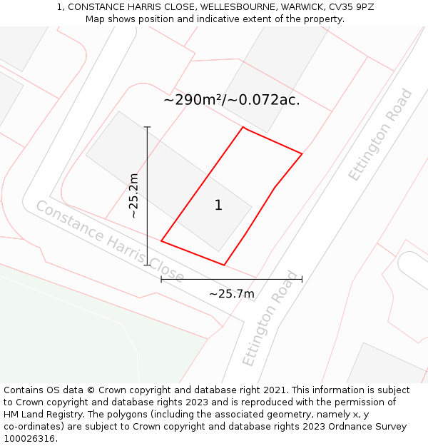 1, CONSTANCE HARRIS CLOSE, WELLESBOURNE, WARWICK, CV35 9PZ: Plot and title map