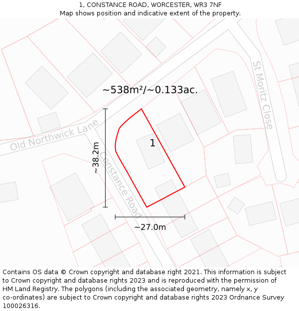 1, CONSTANCE ROAD, WORCESTER, WR3 7NF: Plot and title map