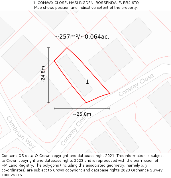 1, CONWAY CLOSE, HASLINGDEN, ROSSENDALE, BB4 6TQ: Plot and title map