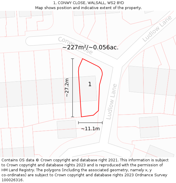 1, CONWY CLOSE, WALSALL, WS2 8YD: Plot and title map