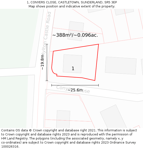 1, CONYERS CLOSE, CASTLETOWN, SUNDERLAND, SR5 3EP: Plot and title map